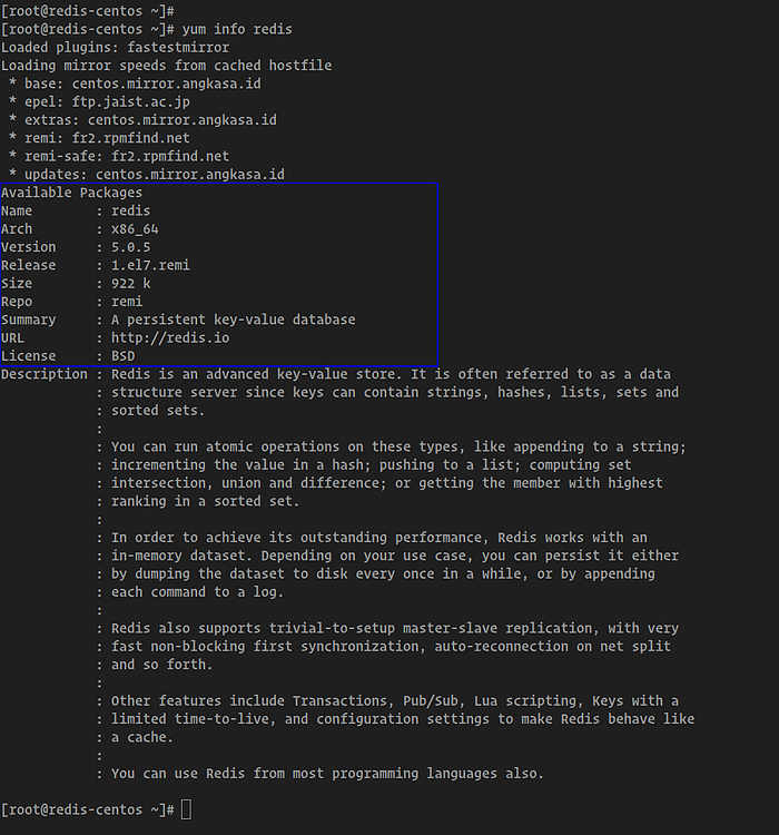 Скриншот установки Redis на CentOS