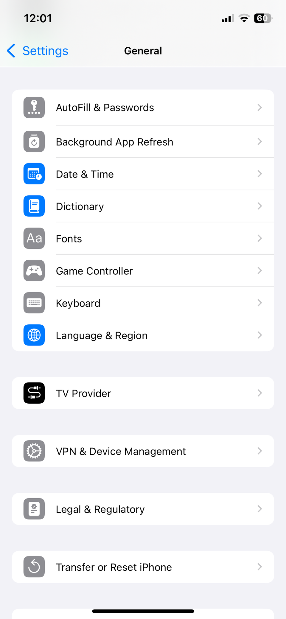General settings menu on iPhone