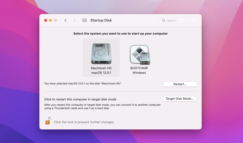 Выбор загрузочного диска в Системных настройках macOS