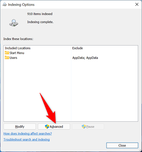 Кнопка «Дополнительно» в окне параметров индексирования.