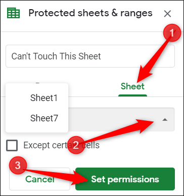 Click Sheet, then choose a sheet from the drop-down menu, and finally, click Set Permissions
