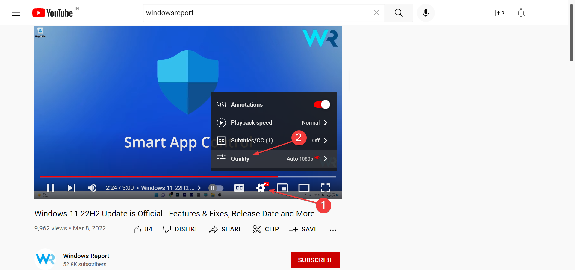 Меню качества видео на YouTube