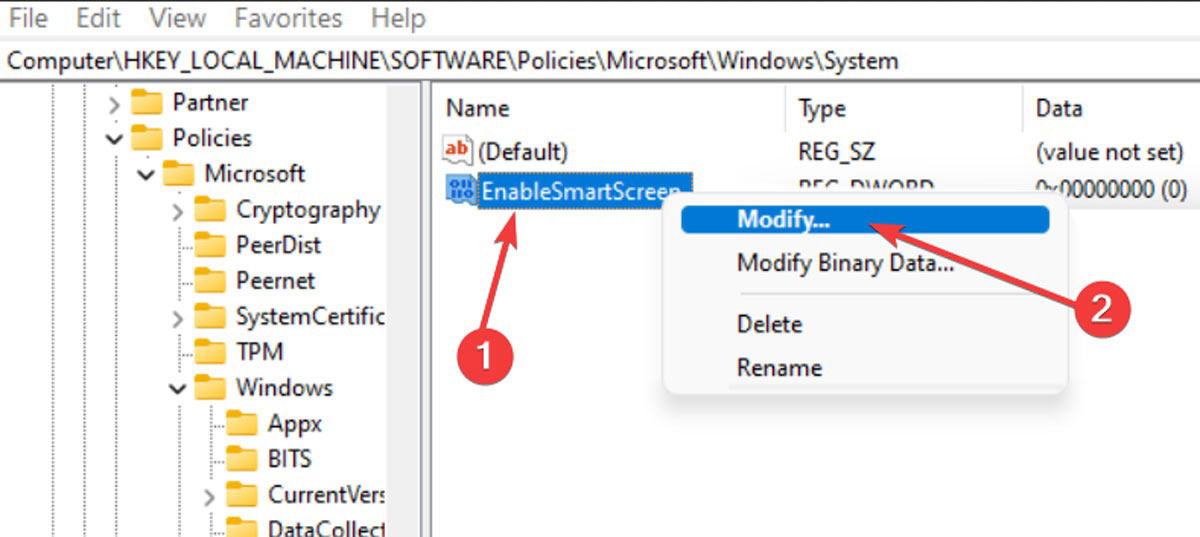 Изменение значения EnableSmartScreen