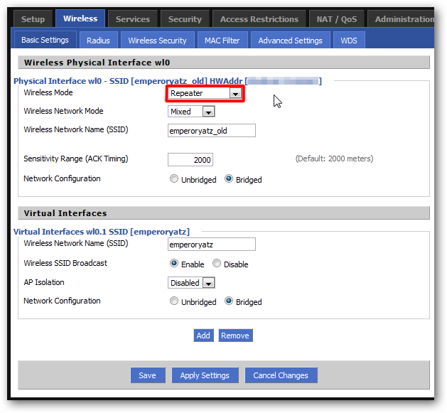 Интерфейс выбора режима Repeater в DD‑WRT