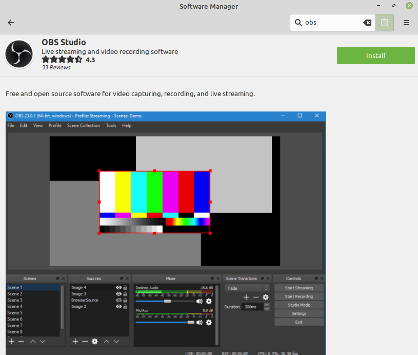 Кнопка установки OBS Studio в Linux Mint