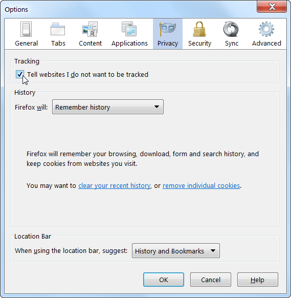 Параметры конфиденциальности Firefox с опцией Do Not Track