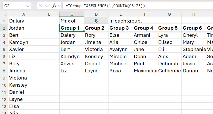 Group 텍스트와 SEQUENCE를 이어붙여 동적 열 헤더를 생성한 화면.