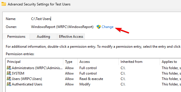 Кнопка Изменить владельца