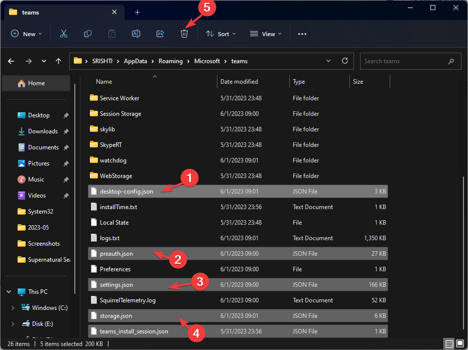 Удаление JSON-файлов в папке Teams