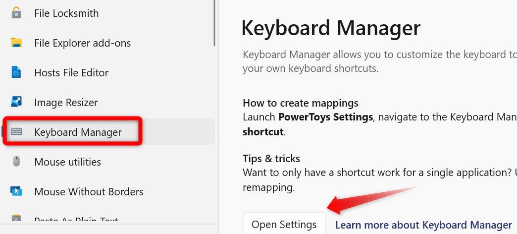 Открытие настроек Keyboard Manager в Microsoft PowerToys на Windows.