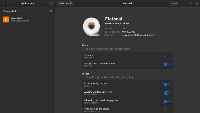 Поиск приложения Flatpak в Flatseal
