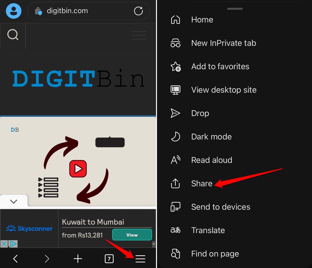 Compartilhar link no navegador Edge para iOS