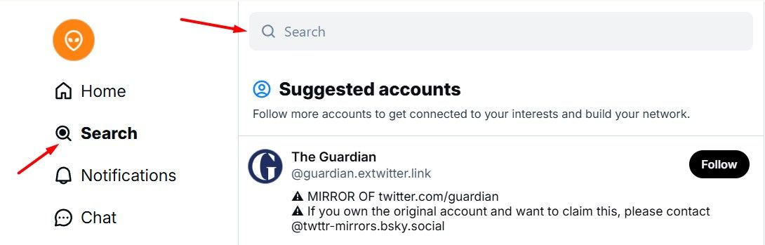 Иконка поиска в Bluesky в левом меню.