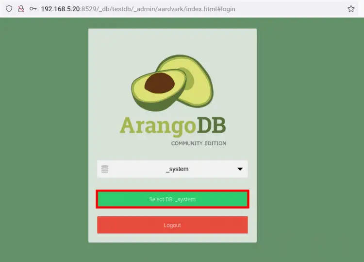 Выбор базы данных в веб-консоли ArangoDB