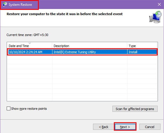 Выбор точки восстановления