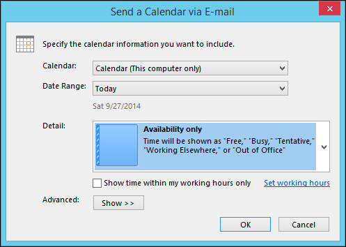 Окно выбора диапазона и параметров для прикрепления календаря