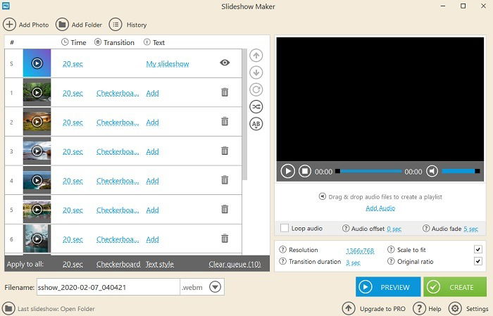 Изображение: рабочее окно Icecream Slideshow Maker с добавлением музыки и переходов