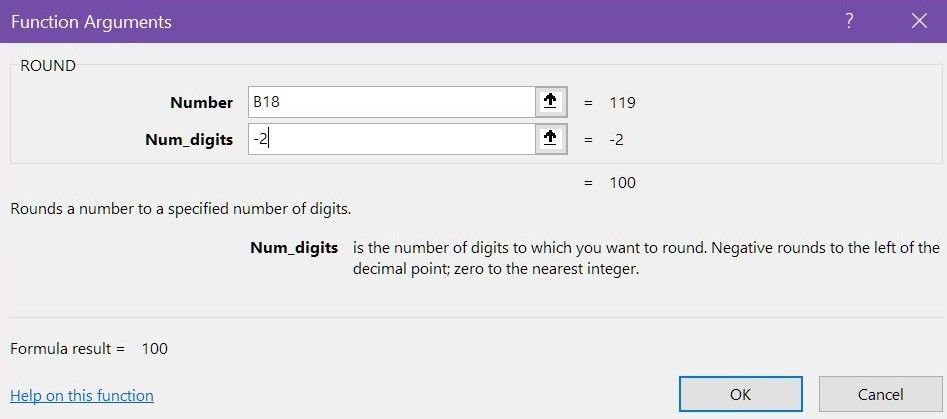 Диалоговое окно функции ROUND в Excel с полями для числа и количества знаков