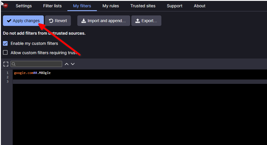 Добавление фильтра в раздел «Мои фильтры» uBlock Origin