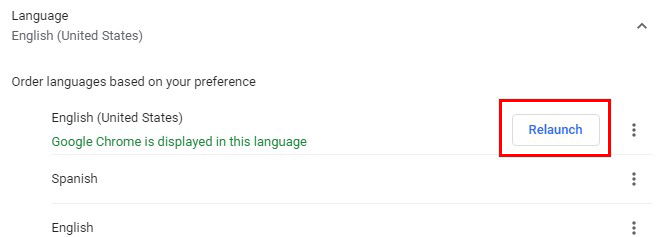 Кнопка перезапуска Chrome после добавления языка