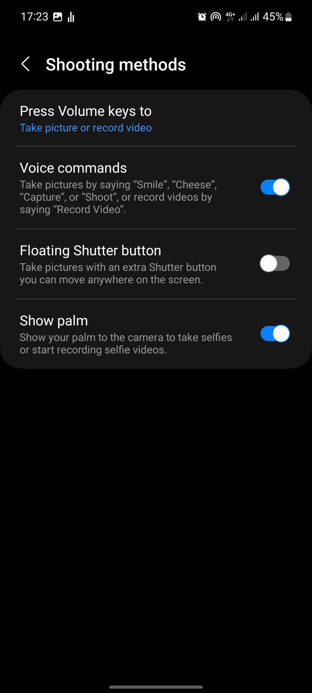 Опции методов съёмки в камере Samsung