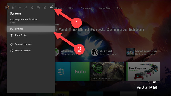 Подменю Xbox: стрелки у шестерёнки настроек и пункта «Настройки»