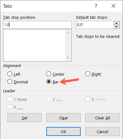 Выберите Бар в выравнивании
