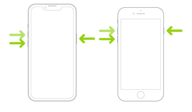 강제 재시작 절차를 보여주는 iPhone 화면