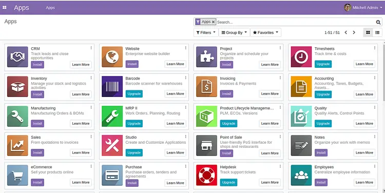Список приложений Odoo на странице администрирования