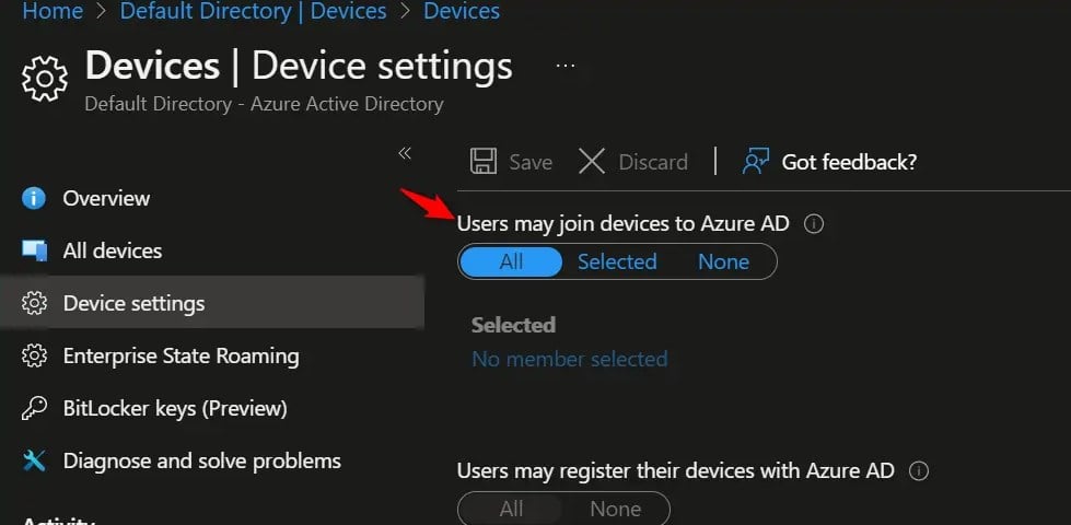 Параметр 'Users may join devices to Azure AD' в настройках Azure