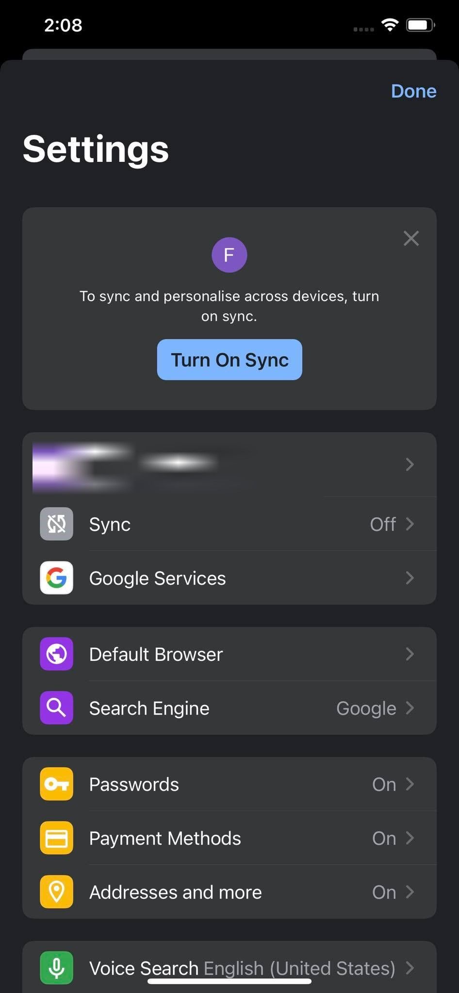 Опция «Сервисы Google» в настройках Chrome на iOS