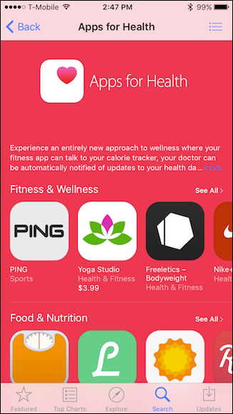 Поиск приложений, работающих с Health, в App Store