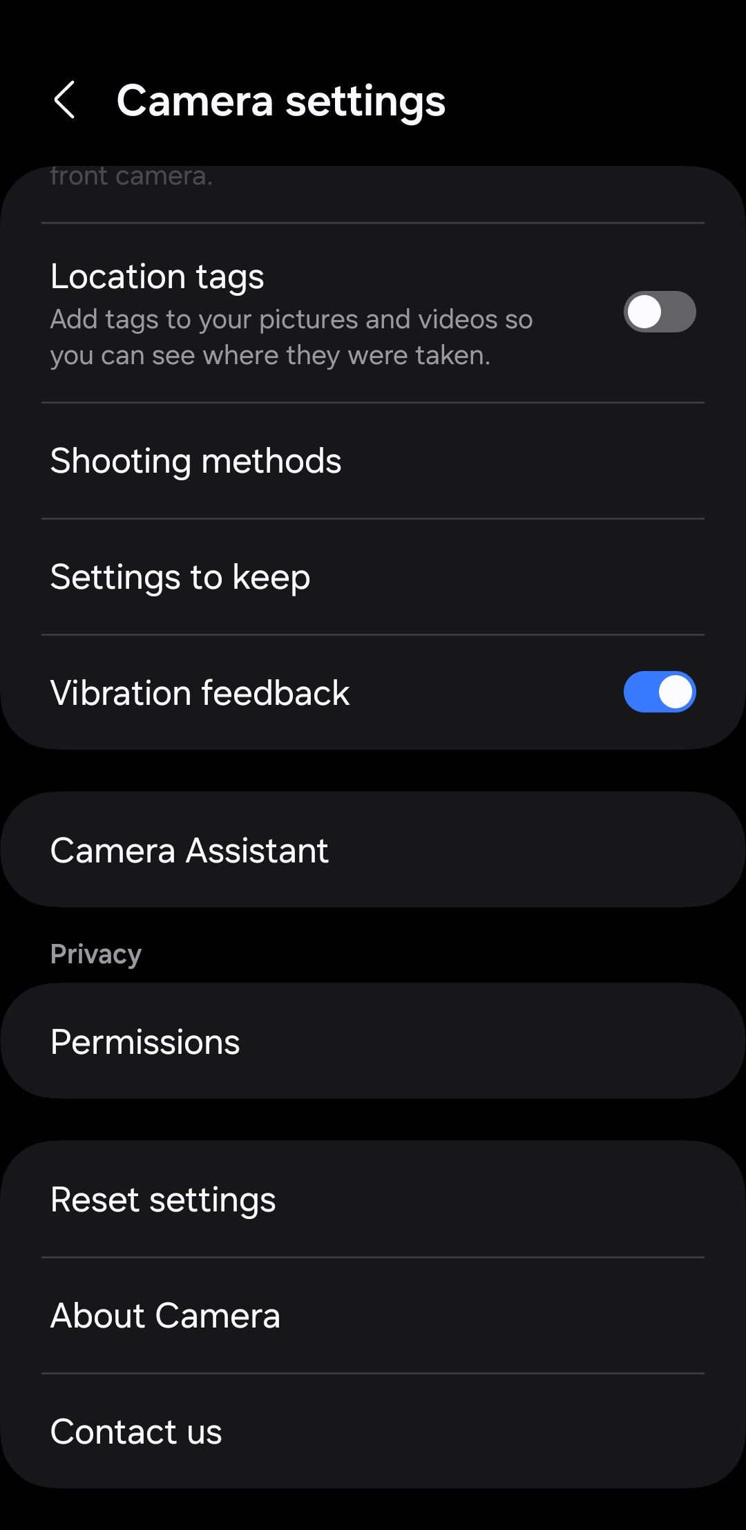 Экран настроек камеры в телефоне Samsung