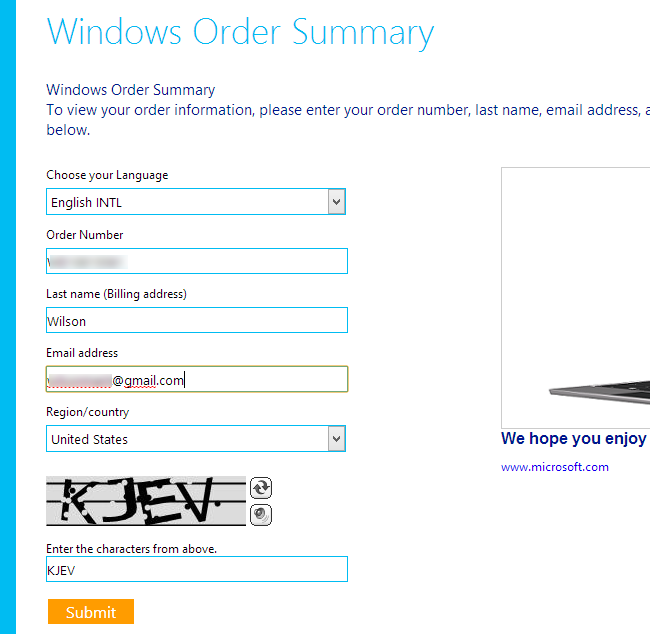Поиск письма с подтверждением заказа Windows 8 в почте