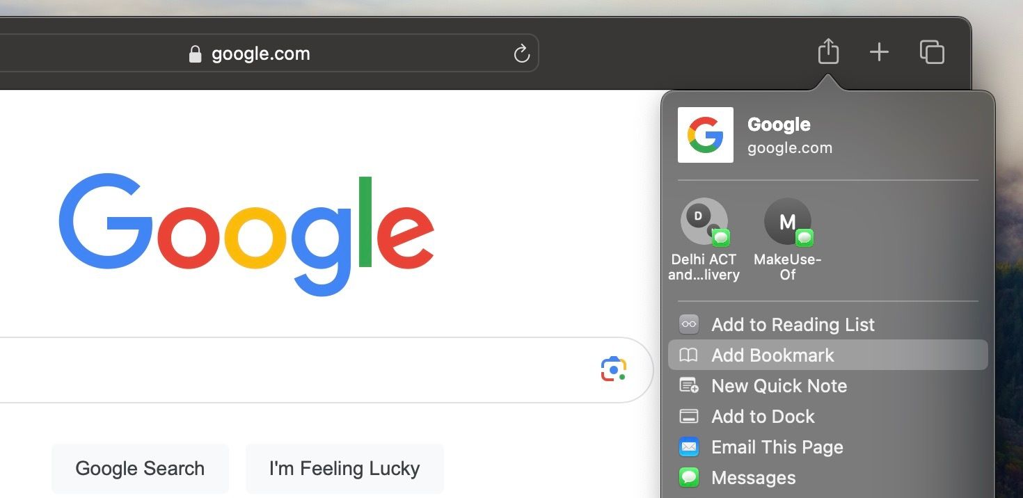 Меню добавления закладки через Поделиться в Safari