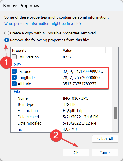Выбор полей EXIF для удаления в Windows
