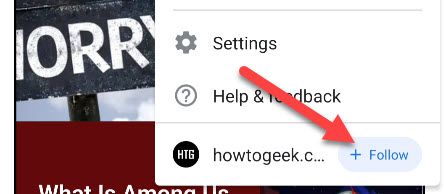 Кнопка Follow в меню сайта в Chrome на Android
