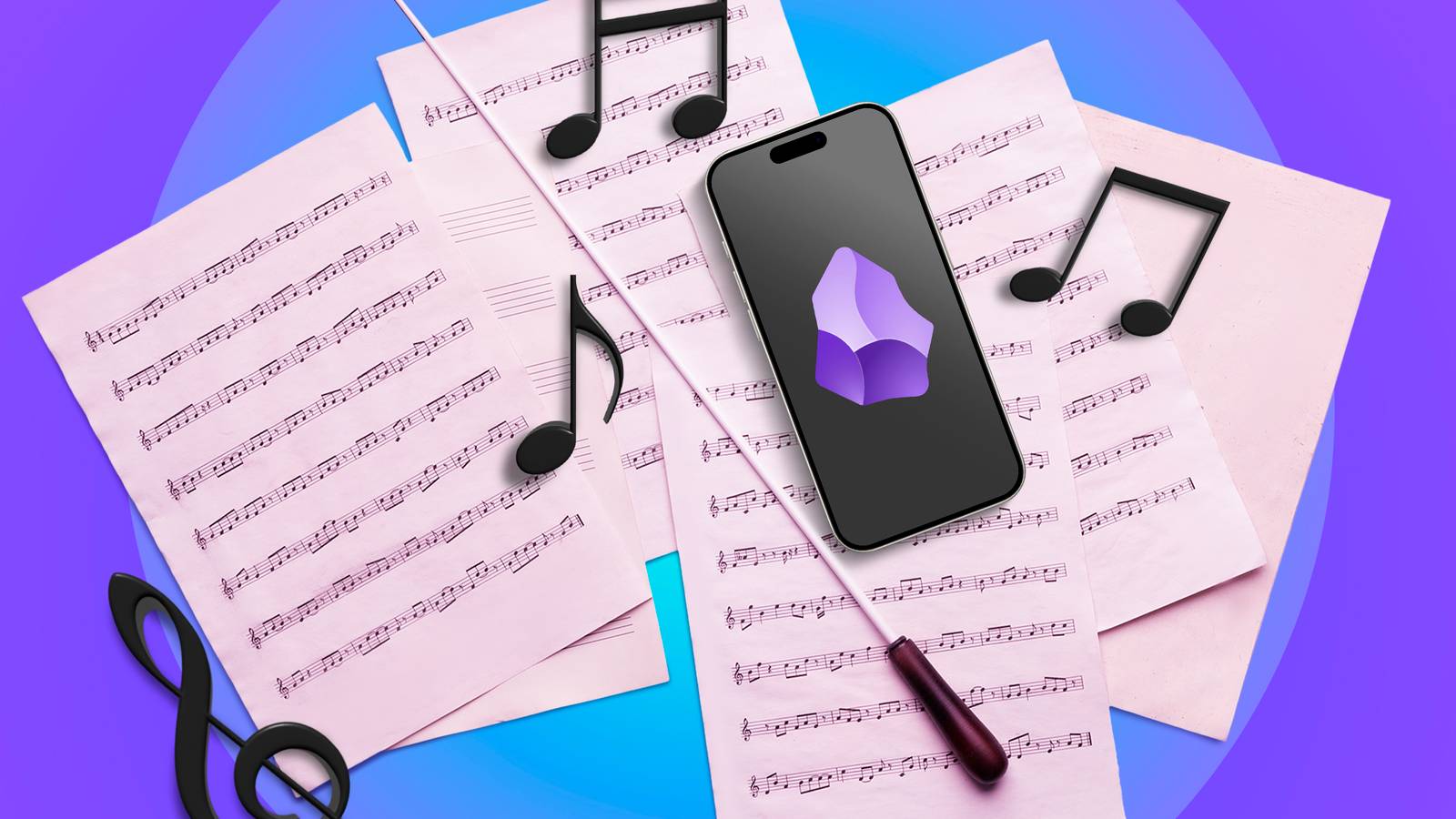 Нотная запись, телефон с логотипом Obsidian и плавающие музыкальные ноты.