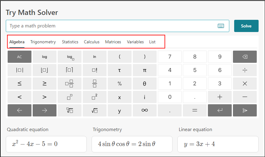 Меню выбора типа задачи в Math Solver