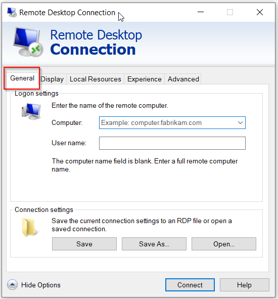 Вкладка Общие в Remote Desktop