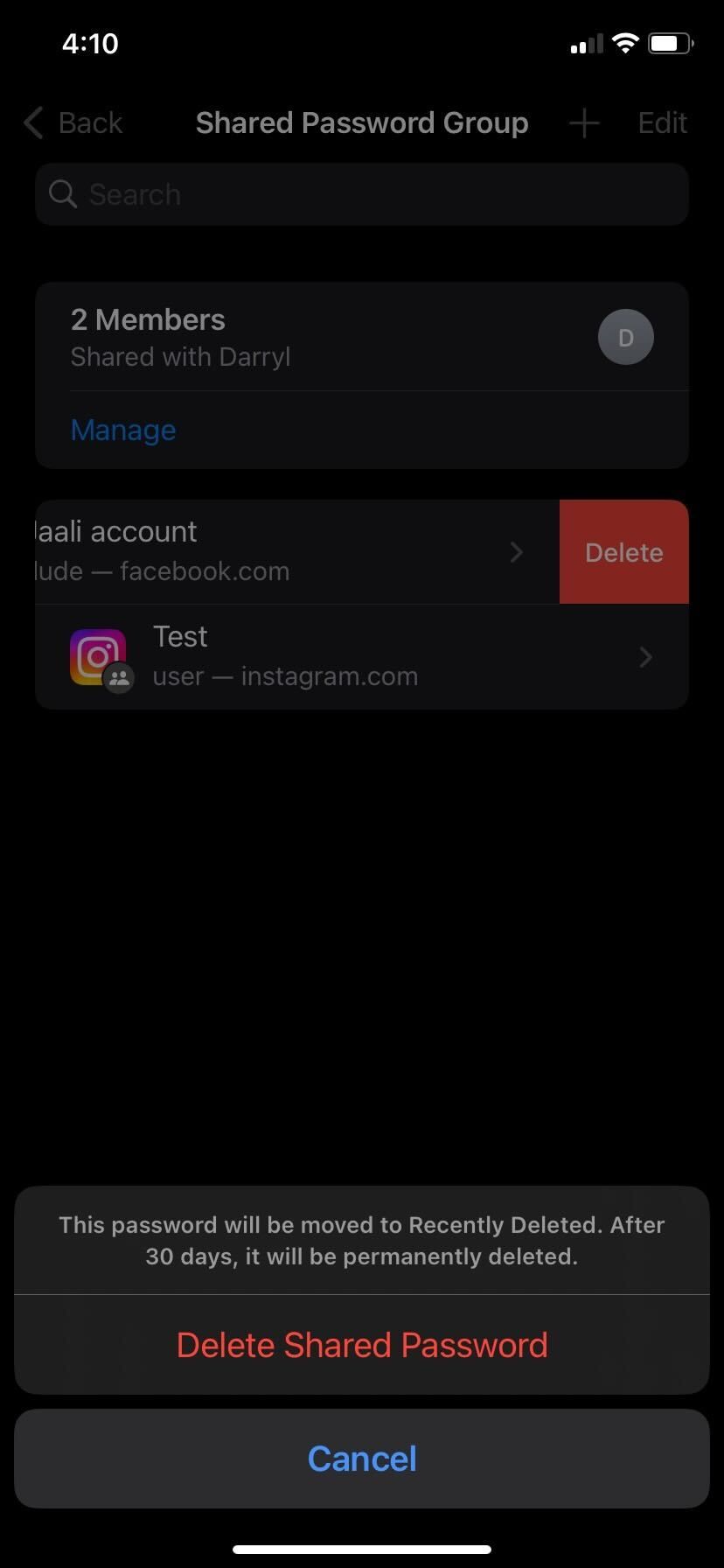 iPhone Delete Shared Password button