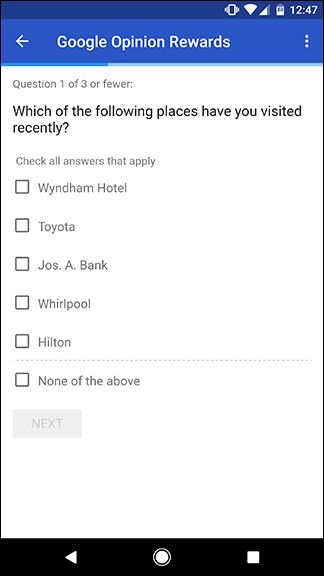 Пример вопросов опроса в приложении Google Opinion Rewards