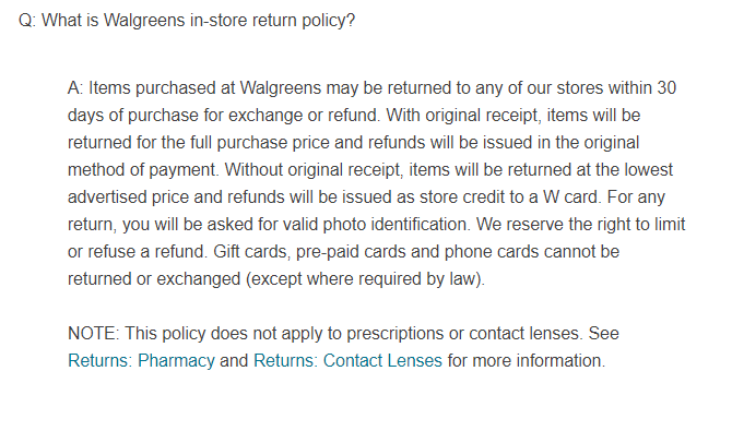 Политика возврата Walgreens — без чека