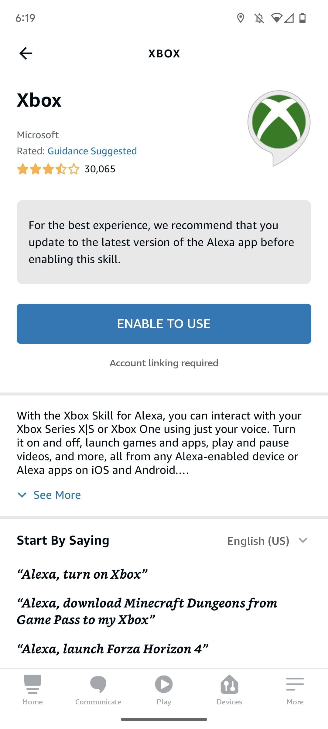 страница навыков Alexa для Xbox