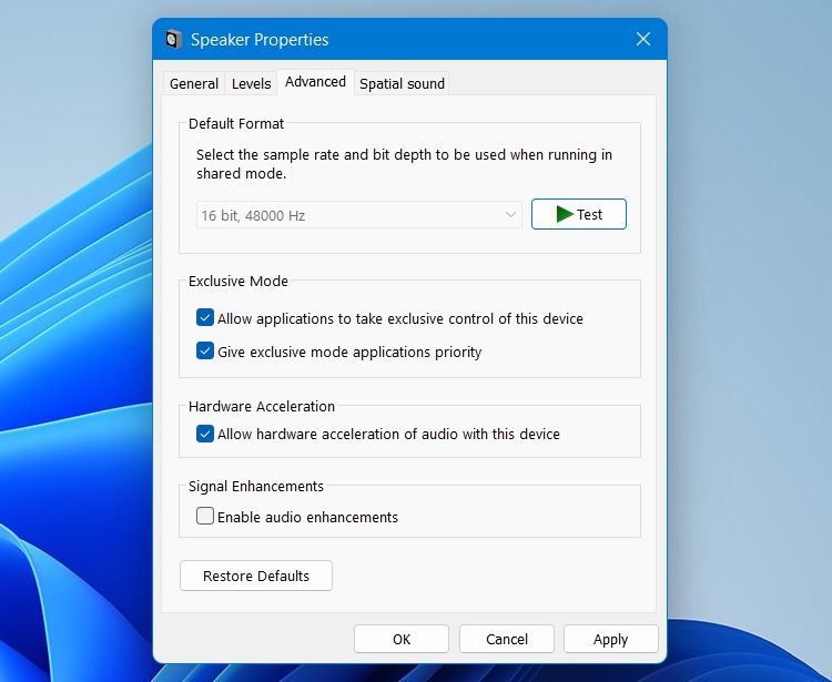 Speaker properties Audio Enhancement option
