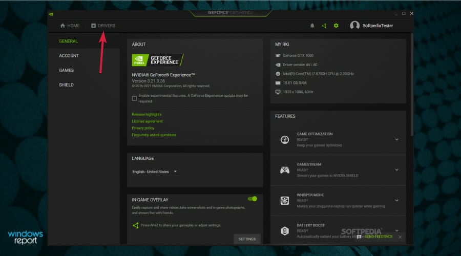 Вкладка драйверов в GeForce Experience