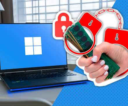 A Windows laptop with a hand holding some RAM sticks and a handcuff.