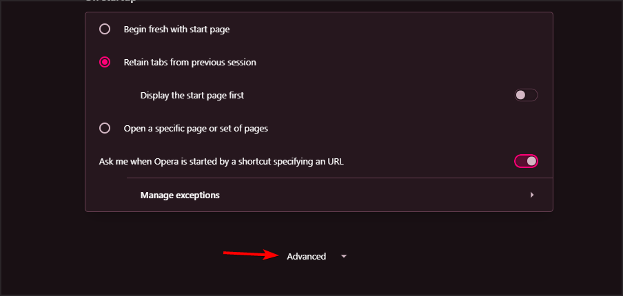 Кнопка Дополнительно в настройках Opera