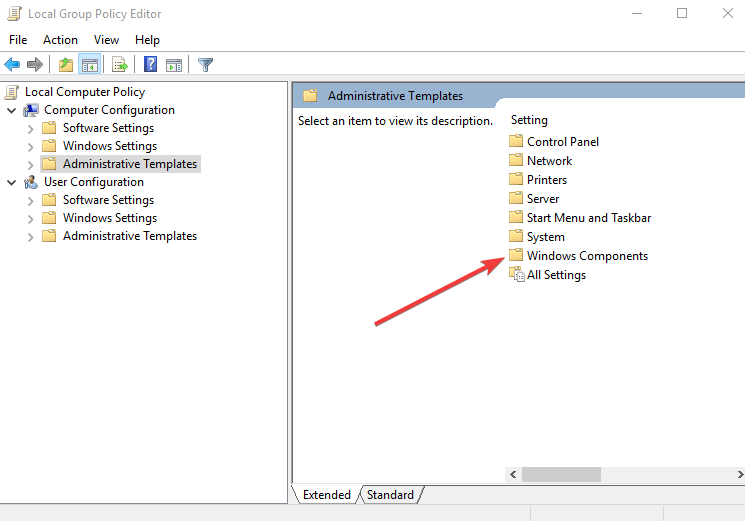 Раздел «Windows Components» в редакторе групповой политики