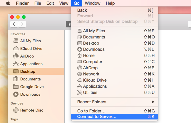 Диалог подключить к серверу в Finder на Mac